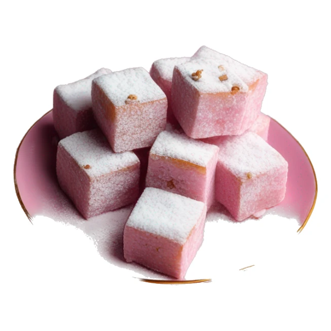 Turkish delight stacked cubes with chopped walnuts and covered with powdered sugar, on a pink porcelain plate sticker
