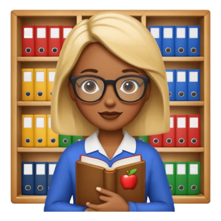 Google search character as a librarian emoji with glasses, kind expression, book and library details, apple emoji style sticker