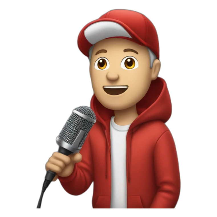 forty-something white man with a red cap and a red hoodie sings into a microphone sticker