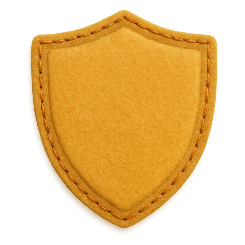 <StylePrompt>
  <Name>Minimal Felt Appliqué Icon</Name>
  <Description>
    A simplified plush icon style with soft felt textures, minimal facial features, and gentle stitching. Focuses on iconic shapes with low visual complexity for maximum clarity at small sizes.
  </Description>
  <VisualProperties>
    <Material>Felt</Material>
    <Texture>Soft, matte surface with faint fiber detail</Texture>
    <Stitching>
      <Type>Thin thread</Type>
      <Color>Muted orange or brown</Color>
      <Pattern>Sparse edge stitching only</Pattern>
    </Stitching>
    <Padding>Low to moderate—slightly puffy but not high-relief</Padding>
    <Edges>Smooth, rounded</Edges>
    <ColorPalette>
      <Primary>Warm yellows, oranges, and browns</Primary>
      <Accent>Minimal dark brown for eyes and nose</Accent>
      <Background>Plain or soft gradient, off-white preferred</Background>
    </ColorPalette>
  </VisualProperties>
  <FacialFeatures>
    <Eyes>Small circles, dark brown</Eyes>
    <Nose>Simple dot or triangle</Nose>
    <Mouth>Omit or use curved line only</Mouth>
    <DetailLevel>Low</DetailLevel>
  </FacialFeatures>
  <Rendering>
    <Lighting>Flat and soft, minimal shadows</Lighting>
    <Perspective>Side or front profile, no complex angles</Perspective>
  </Rendering>
  <Applicability>
    <SubjectType>Animals, objects, icons</SubjectType>
    <OutputFormat>Flat icon or patch-style asset</OutputFormat>
  </Applicability>
</StylePrompt>


{subject} = shield sticker