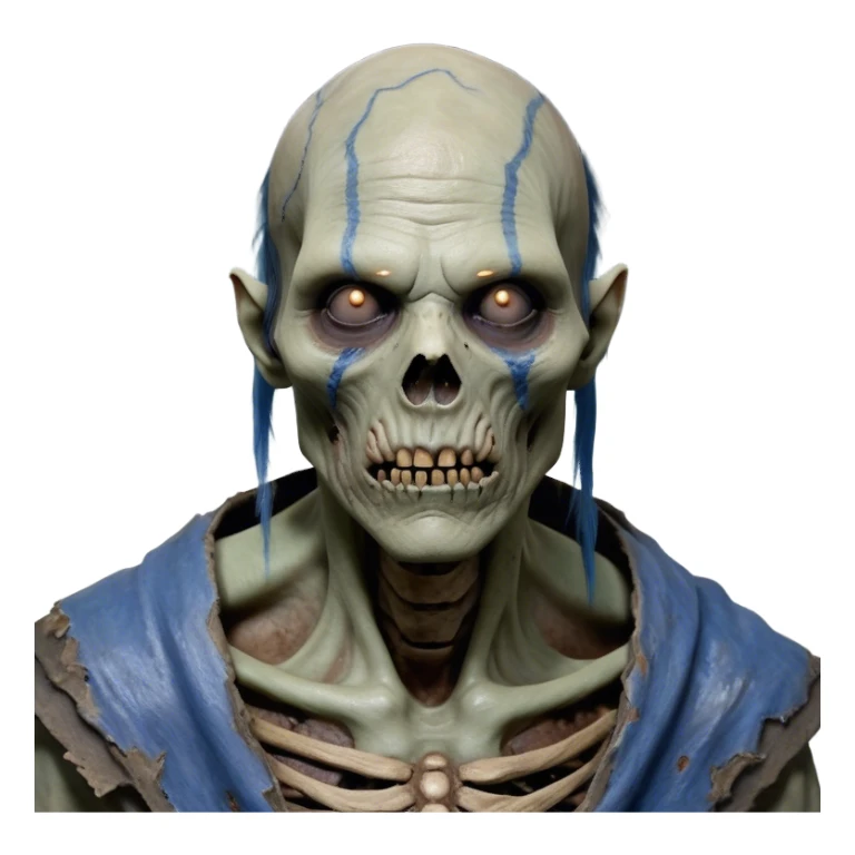 Cinematic Realistic WoW undead friendly zombie Portrait, depicted with decayed yet noble features, his weathered, pallid skin etched with ghostly blue veins and ancient scars. Clad in modest, tattered attire in muted browns and greys that remain consistently rugged, his hollow eyes burn with determined defiance. Rendered with lifelike texture and dramatic natural lighting, high shine, noble and resilient, capturing the stoic spirit of an undead veteran of Azeroth. sticker