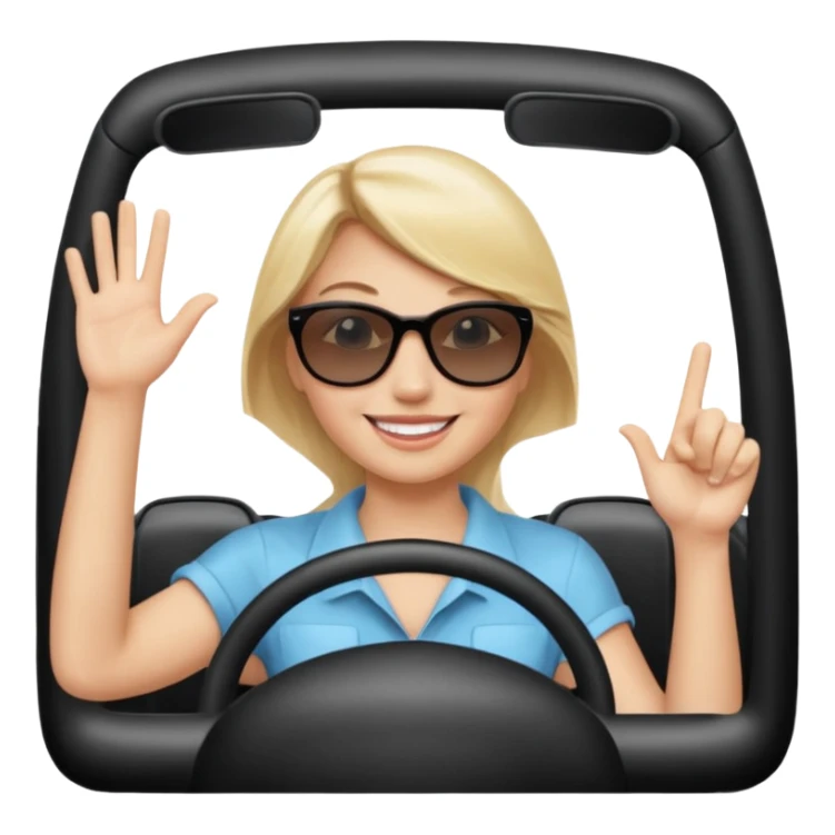 blonde woman driving car. one hand up Happy face confidence sticker