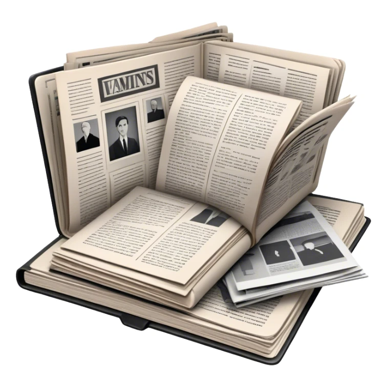 Icon for Non-Fiction & Narrative Reading: an open book with black-and-white photos on the pages, surrounded by a pile of newspaper clippings, and an open folder with top-secret documents. The icon should reflect the blend of real stories and facts in non-fiction literature. Transparent background. sticker