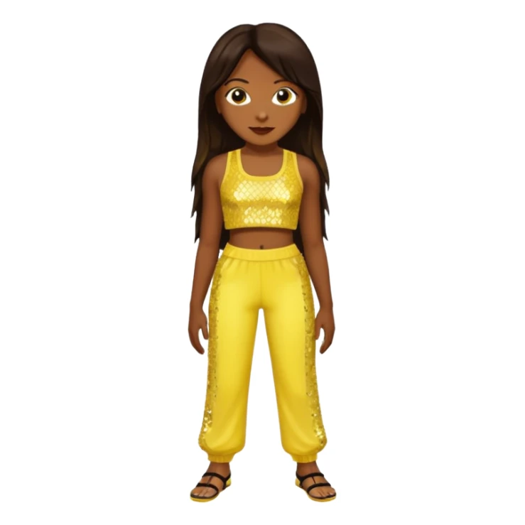 Chilli from TLC with long dark brown hair, yellow sequin crop top and pants, dark skin  sticker