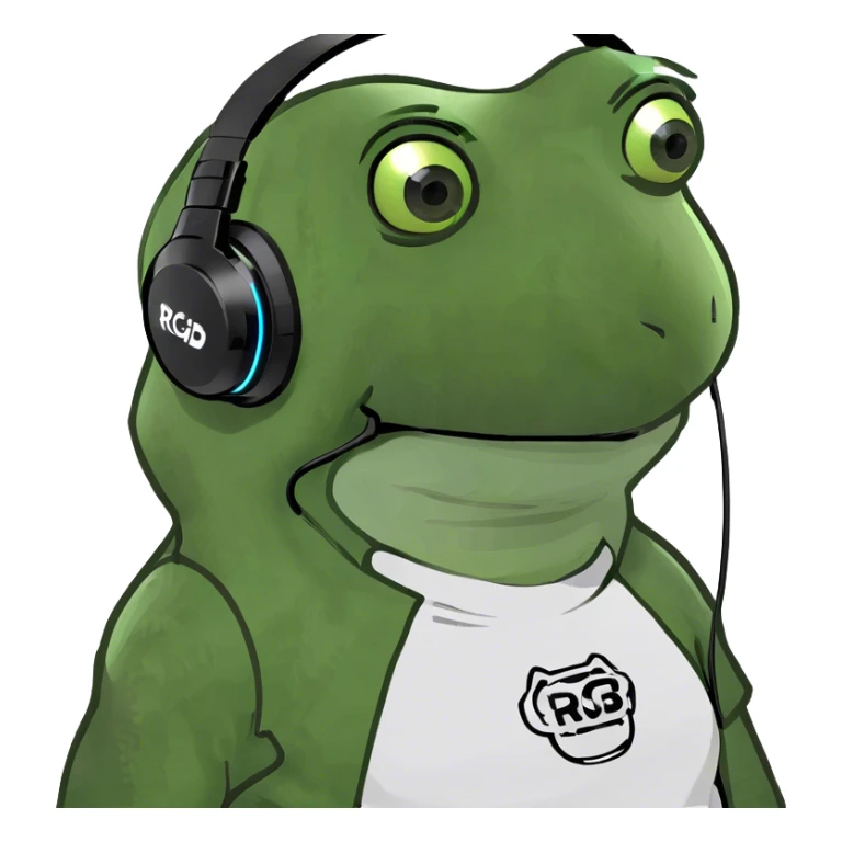 wearing an RGB gaming headset, wearing a shirt sticker