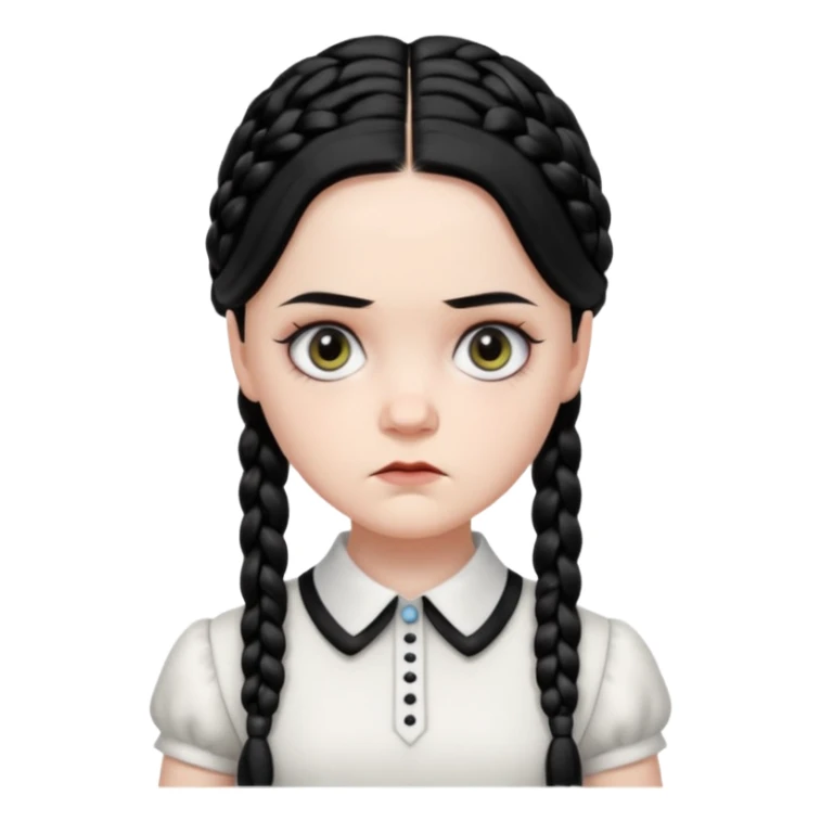 Draw Wednesday Addams with pale skin, black braids, white-collared dress & serious expression. sticker