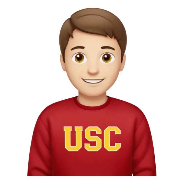 happy pale white man with brown hair in a red sweatshirt with USC in yellow letters sticker