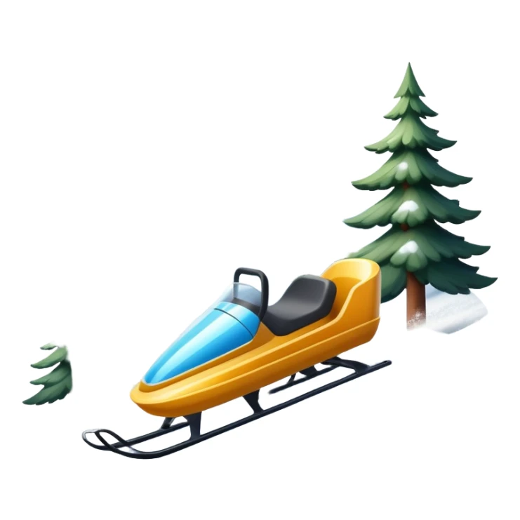 An icon featuring a sleek sled speeding down a snowy hill, with a snowy landscape and pine trees in the background. The motion lines and slight snow spray emphasize the thrill of the ride. Transparent background highlights the excitement and fun of sledding. sticker