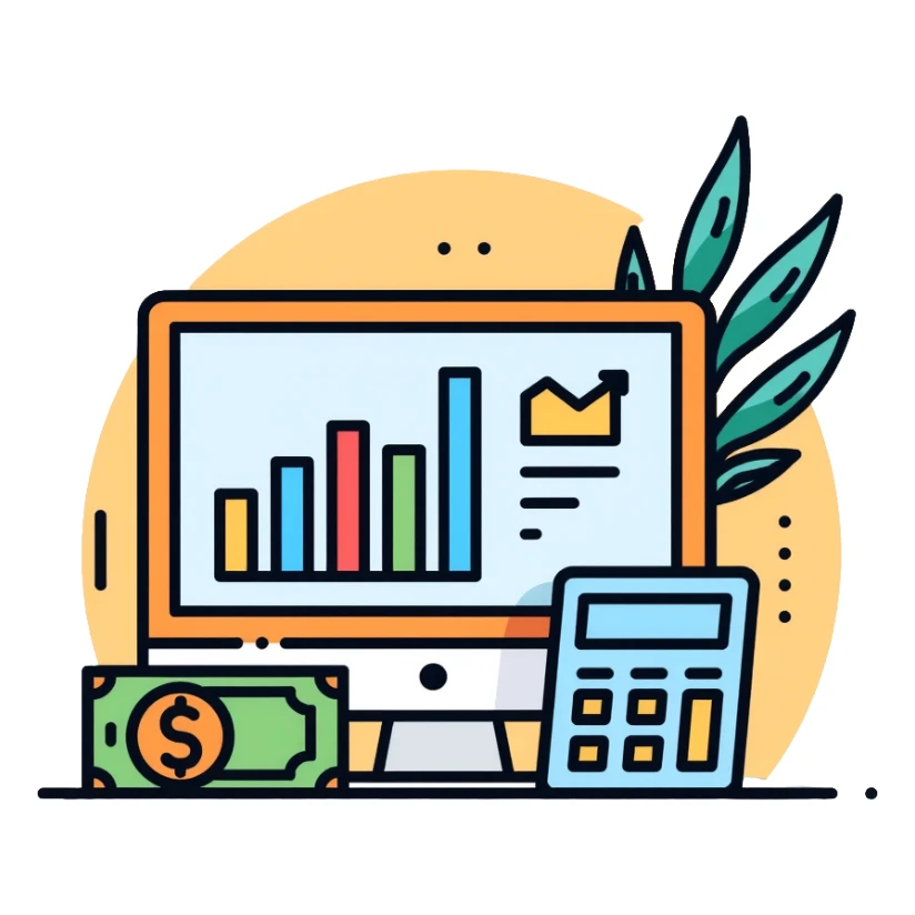 financial advisor with charts, calculator and money sticker