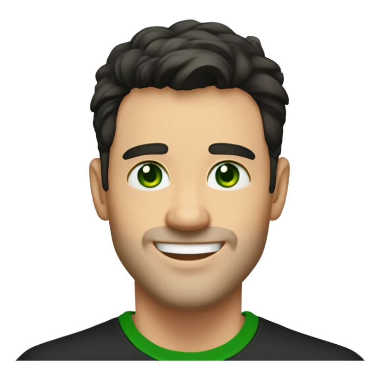 Handsome man with dark hair, gradient short hair on the side, green eyes. Big smile and thin face. Black t-shirt and two earlobes piercing  sticker