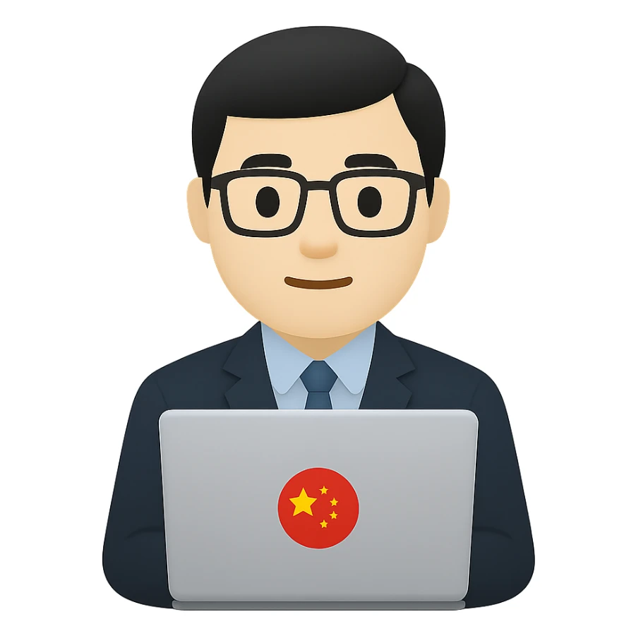 Chinese professional agent, at work, using a laptop, clean background, vector art sticker