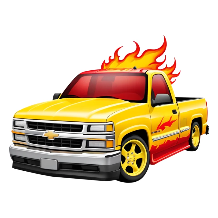 Bright yellow 1997 Chevy Silverado with custom airbrushed red flame paint job on hood extending to sides, exactly as in Kill Bill 'Pussy Wagon', 30-degree angle, iOS emoji style sticker