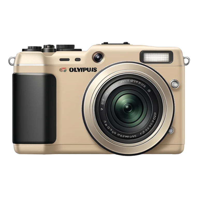Extremely minimal Olympus Superzoom 70G camera, grayish-beige color, very simplified design with only essential elements, basic rectangular shape, minimal indication of lens, clean flat style with almost no details sticker