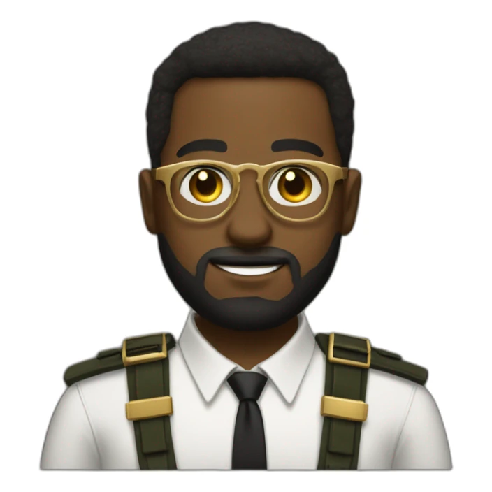 black soldier with beard, part in hair, white collared shirt, bow tie, gold glasses, bulletproof vest  sticker