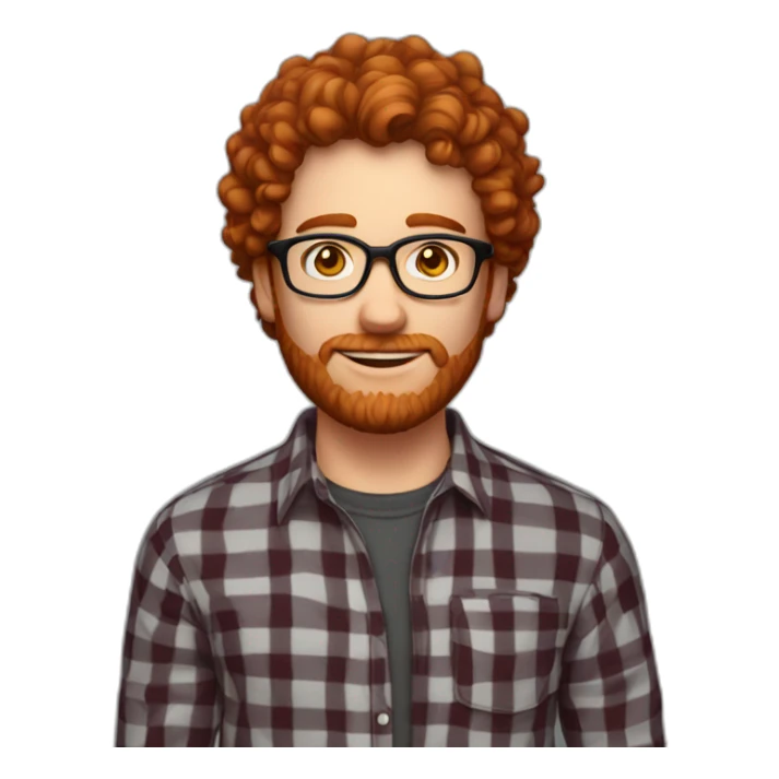 man. around 25. redhead. curly hair. with beard and glasses. black and red checked shirt. sticker