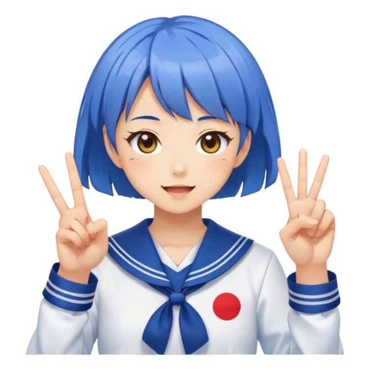 Energetic anime girl with short blue hair wearing Japanese sailor style school uniform, winking and making peace sign, kawaii style sticker