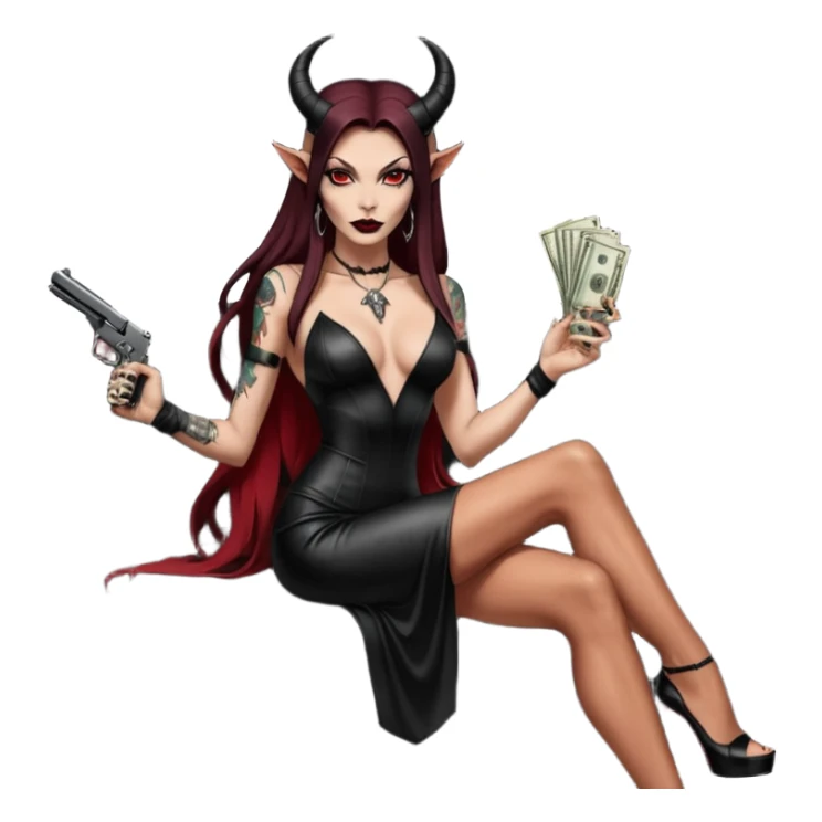 Lilith model red eye sexy black  devil horns.  long brown haired sexy succubus woman with leather long dress slit, sitting in limo. Wearing Black Platform high heels on feet. Tattoo sleeve arms, she has stacks of cash and a man dead human skull is on top of stack of cash and a gun in  hand sticker