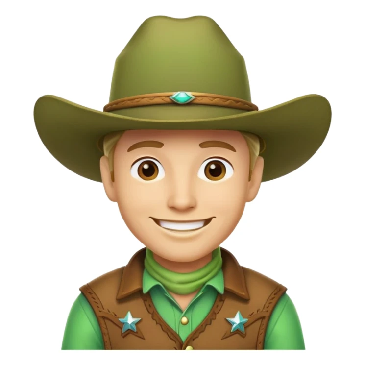 Smiling cowboy wearing a bright green cowboy hat sticker