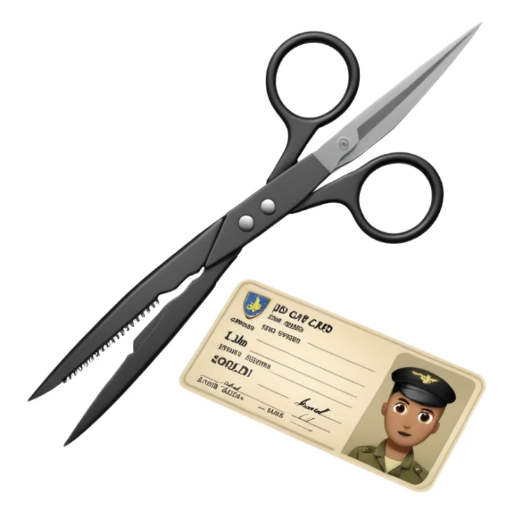 Floating black Scissors cutting an idf soldier ID card in 2 parts .hyper realistic sticker