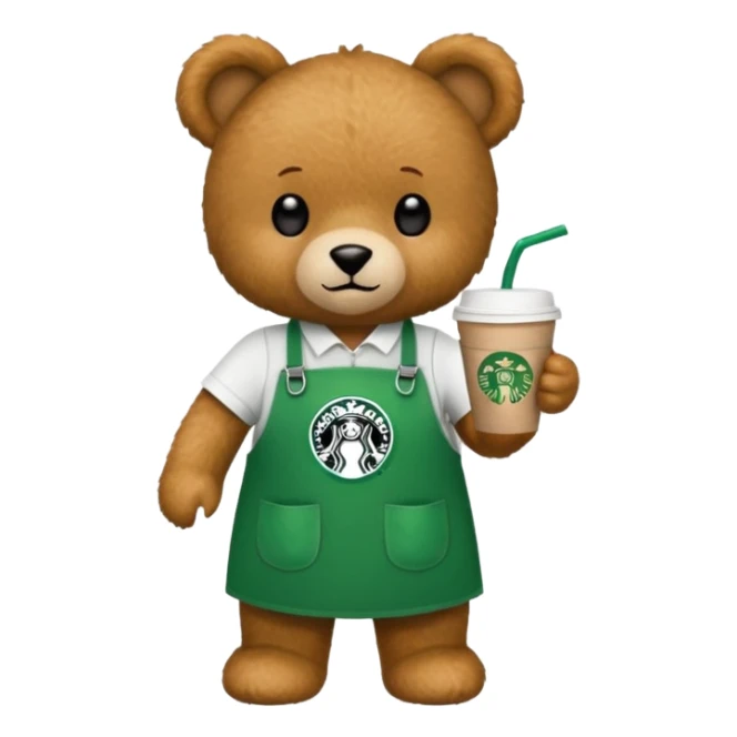 teddy bear wearing green apron with one cup of starbucks coffee sticker