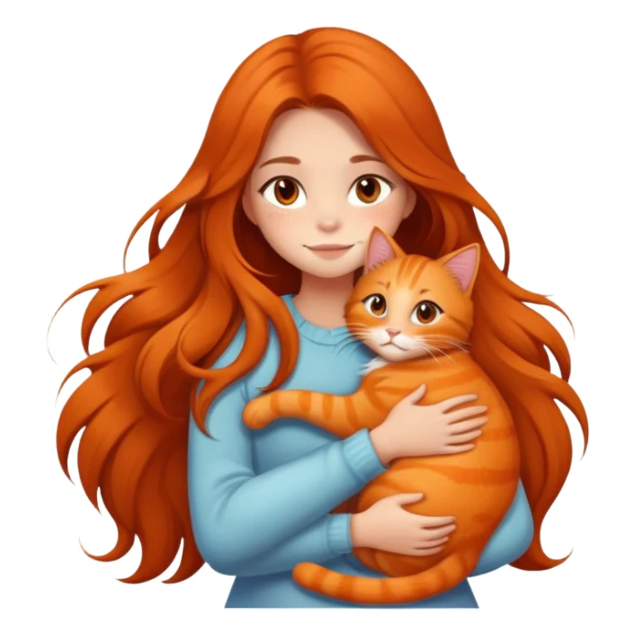 girl with long hair hugging an orange cat sticker