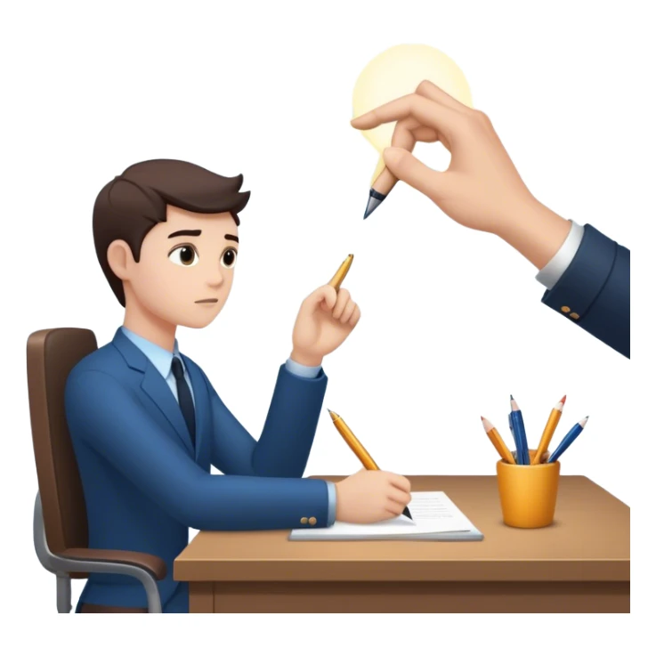 The present self sits at a desk, hesitating, while another glowing hand—representing the future self—rests reassuringly on their shoulder. In the other hand, the future self holds out a pen, gently encouraging action, symbolizing the power of starting despite doubt. sticker