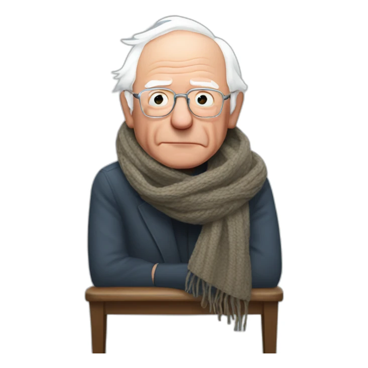 Bernie sanders freezing on chair wearing a scarf sticker