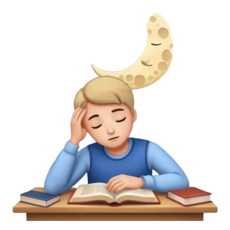 a tired person infront of a book learning with moon and stars behind sticker