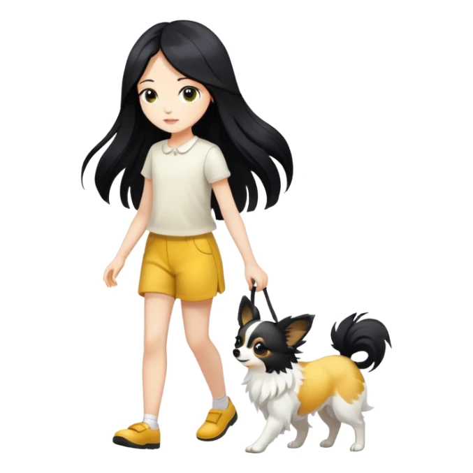 A girl with long black hair walks a yellow and white papillon sticker