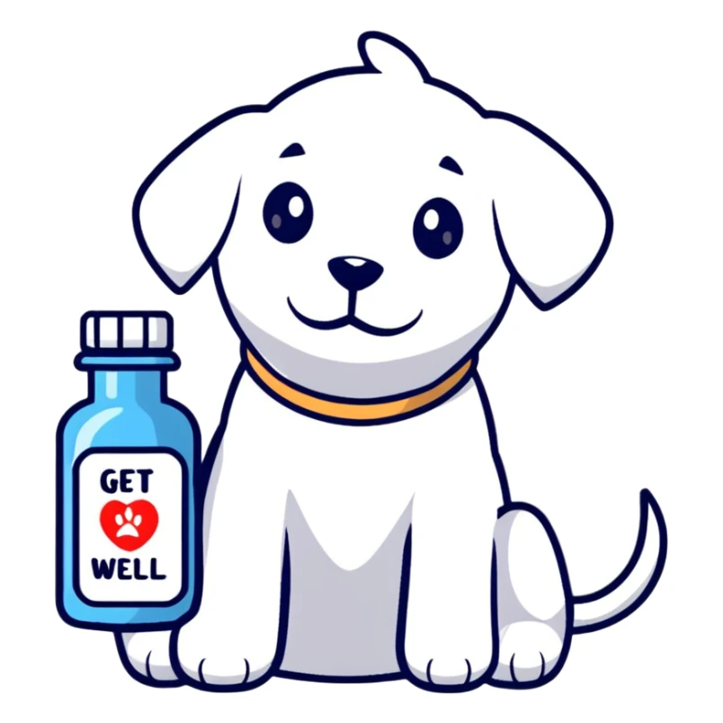 cute puppy with medicine bottle and get well soon message sticker