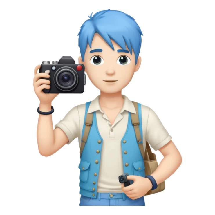 blue hair full body handsome man with camera and beach outfit  standing sticker