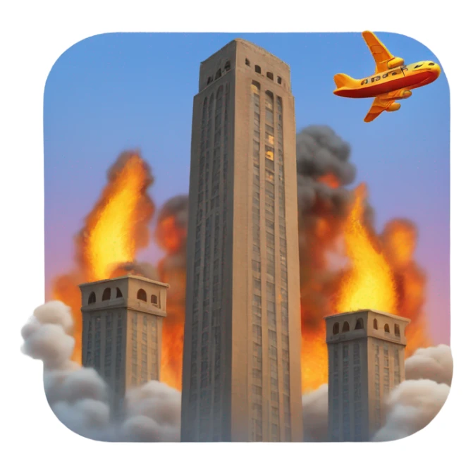 Two square towers on fire and an airplane in background sticker