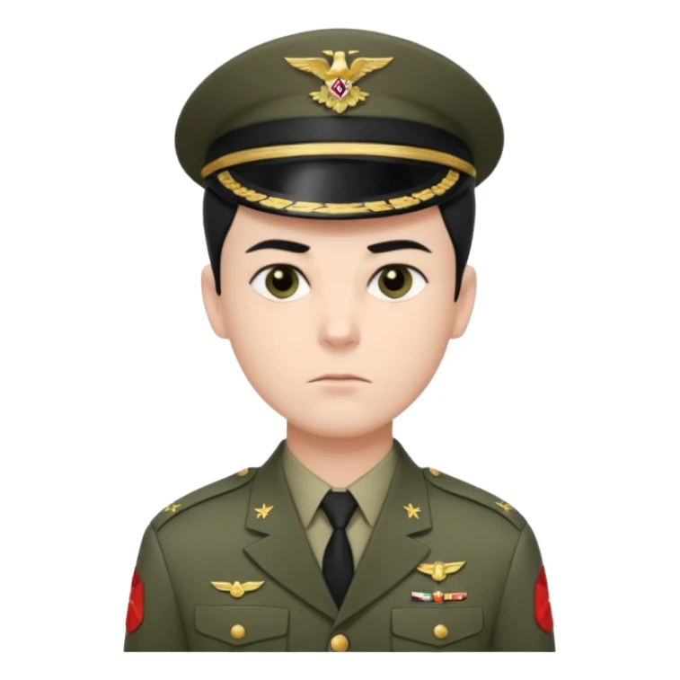 short black neat hair, sharp dark gray eyes, pale skin, serious expression, wearing military uniform, upright posture, minimal accessories, sharp and precise style. Man sticker