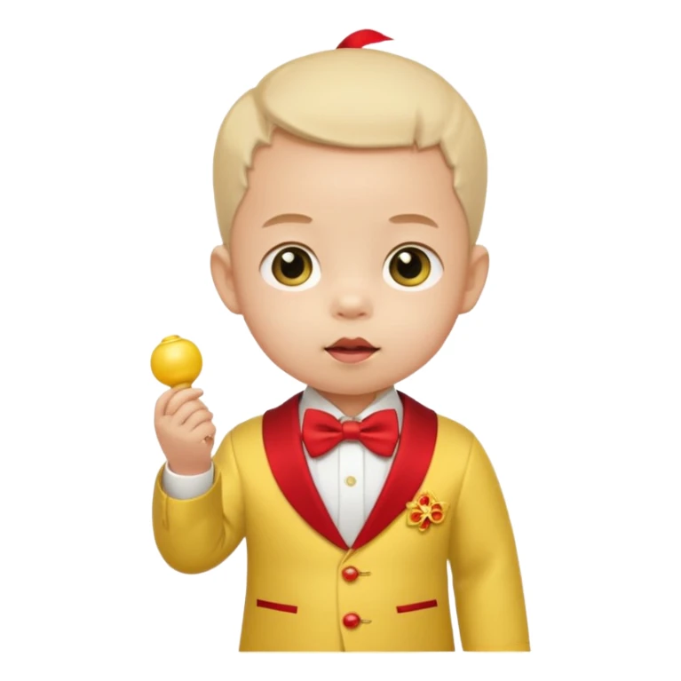 baby guy, pacifier, wearing yellow chinese royal ancient custome, red bow tie sticker