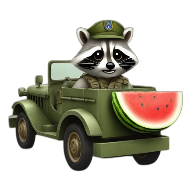 A military raccoon with a watermelon at the wheel of a car sticker