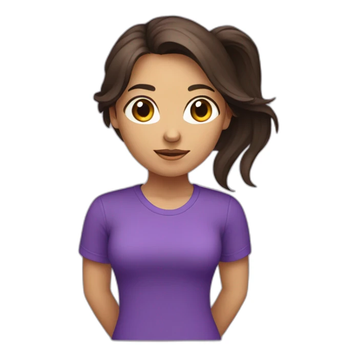 young women,dark long brown hair,using purple tshirt whith letters "4tech sticker