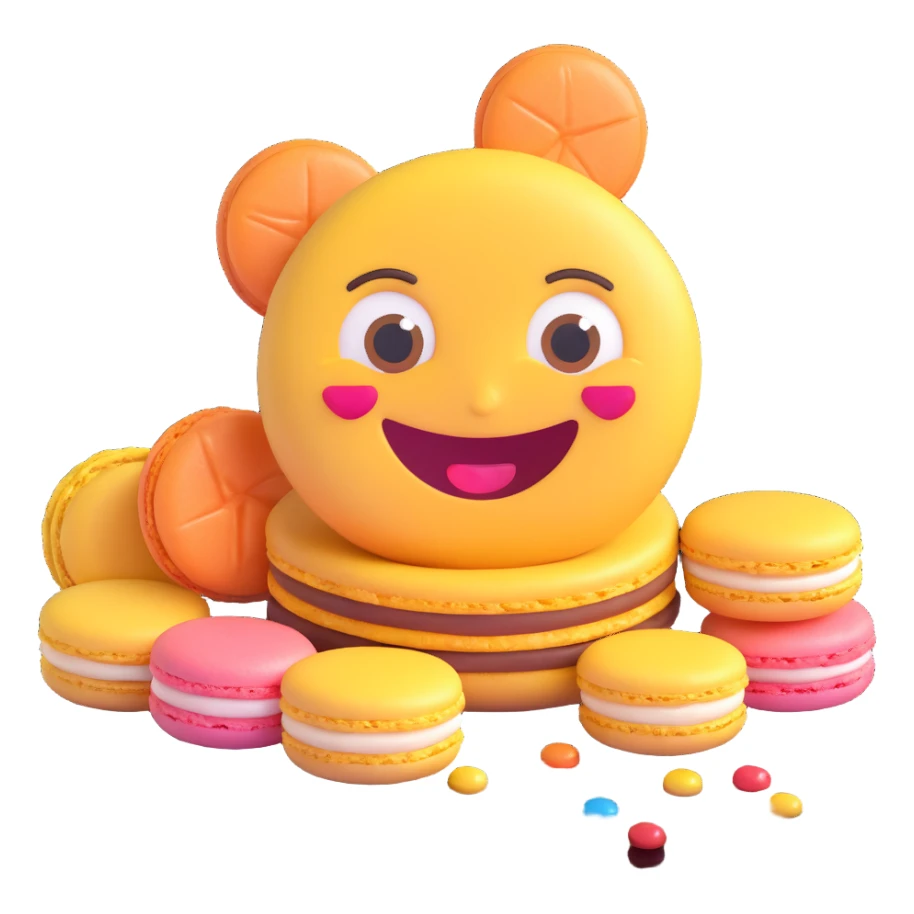 joyful emoji-style face made from a macaron, big sparkling eyes, wide smile, pastel colors, tiny candy decorations, expressing happiness and love for desserts sticker
