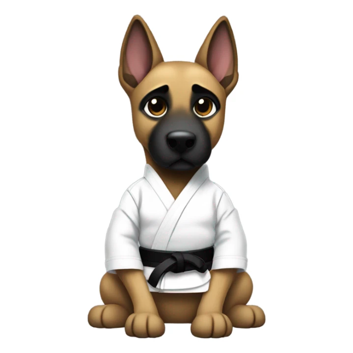 Malinois wearing white jiujitsu gi with a black belt sticker