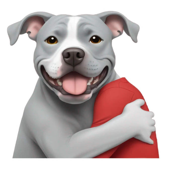 Grey male large pit bull smiling hugging bald white mature man with red tshirt sticker