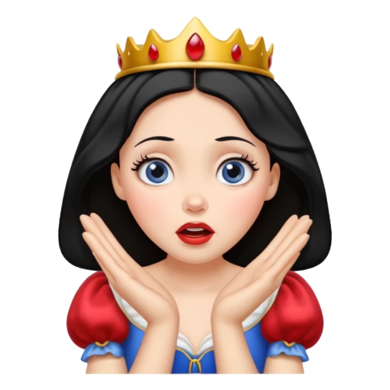 Snow White emoji with a surprised face, hands to cheeks, iconic fairytale style sticker
