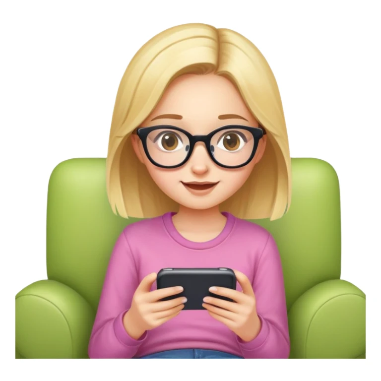 A cute young girl with glasses sitting on a couch, happily playing a mobile phone game sticker