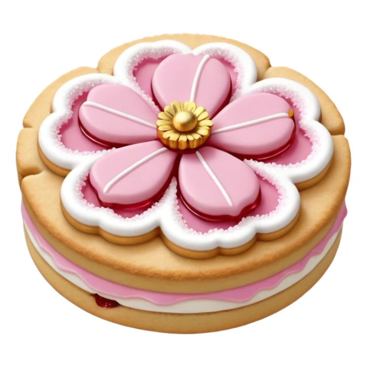 Realistic shortbread cookie in the shape of a cherry blossom with pale pink color jelly middle filling and sprinkled powder sugar on top. sticker