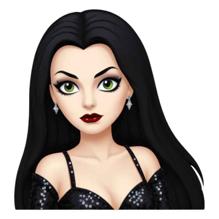 Vampira with long black hair, black sequin outfit sticker