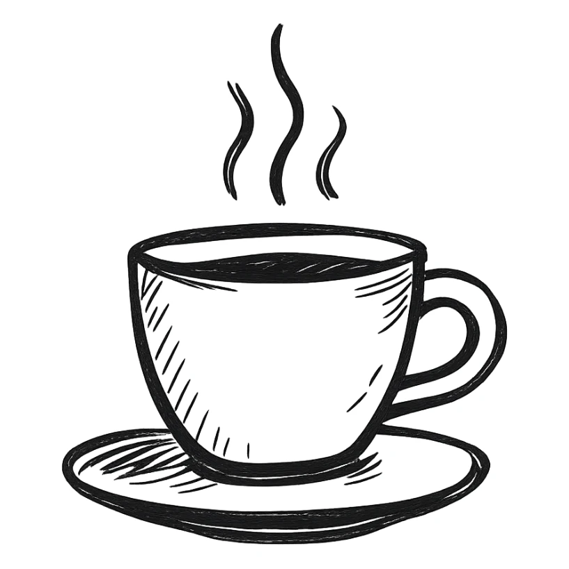 hand-drawn outlined icon of a coffee cup, no fill, black lines only sticker