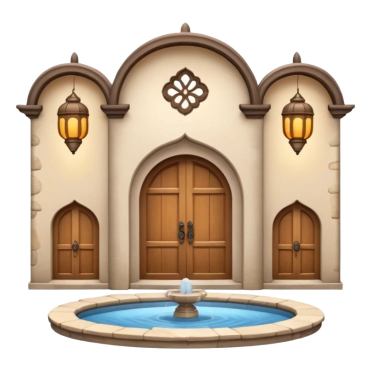 3D Apple-style emoji of a full traditional Turkish han. Rounded stone building with arched wooden doors and windows, small courtyard, fountain, arches, and hanging lanterns. Glossy, smooth, soft shadows, clean white background.






 sticker