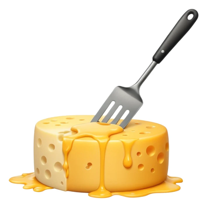 a half vertical wheel of cheese being scraped with a metal spatula, melted cheese flowing, modern emoji style, clean, transparent background sticker