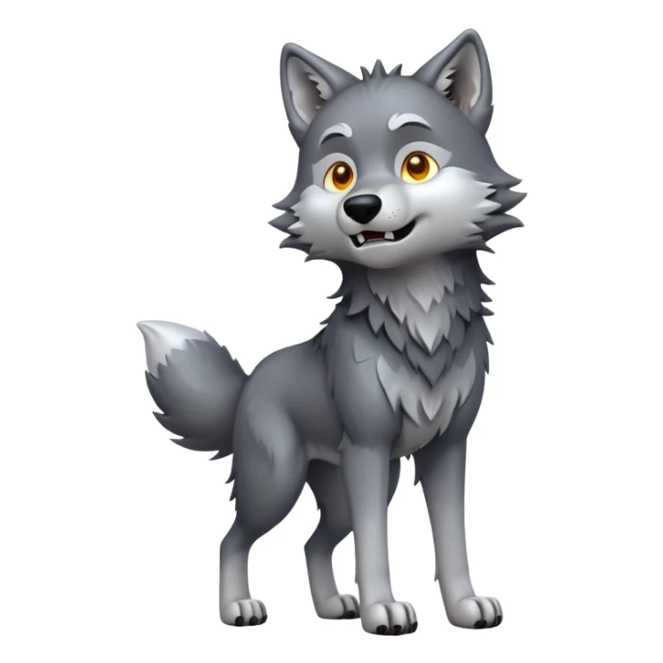 cinematic-[wolf]-realistic-full-body-standing-emoji,-tail-resting-loosely-beside-its-paws,-head-tilted-dramatically, -scruffy-[grey]-fur,-simplified-yet-realistic-focused-features,-highly-detailed,-glowing-with-an-almost-sarcastic-glow sticker