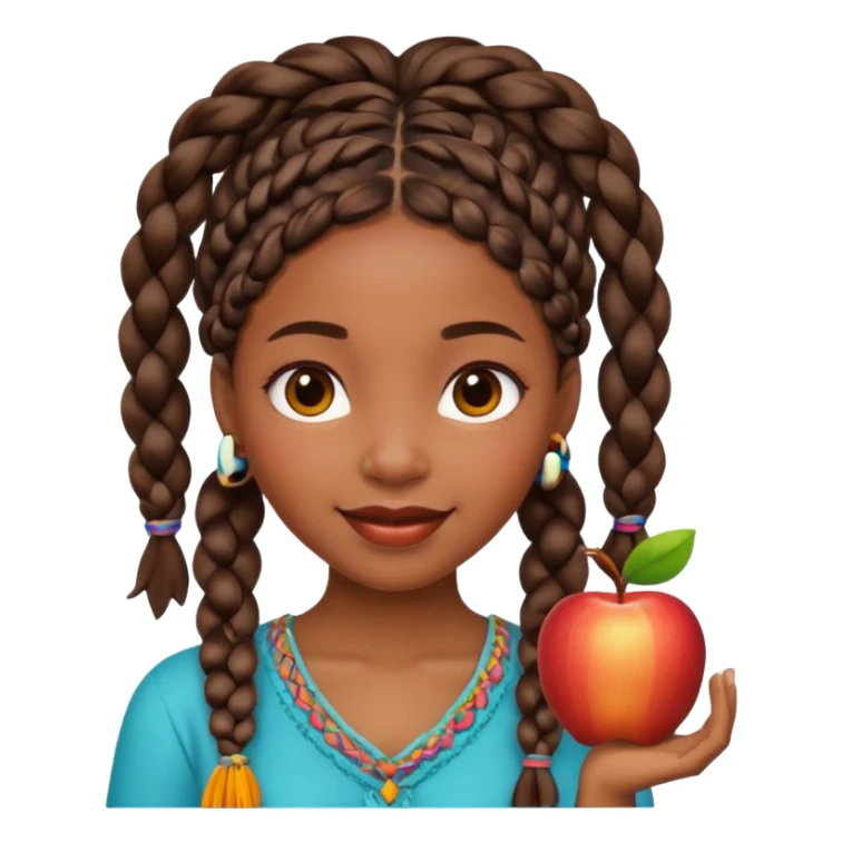black girl with boho braids, cheerful, apple emoji style sticker