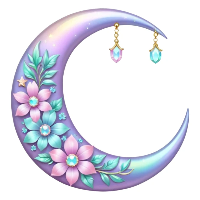 glossy Pastel iridescent floral shiny crystal crescent damask moon sticker