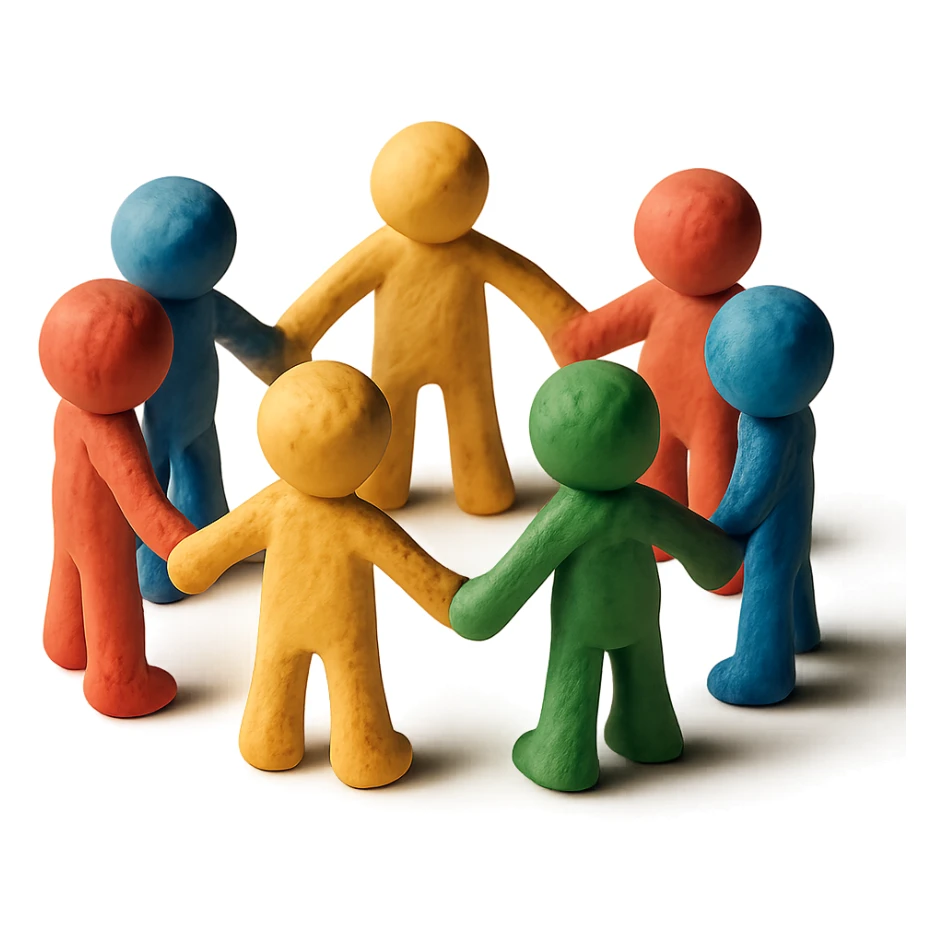 claymation style stick figure humans standing in a circle, holding hands, unity, playful sticker